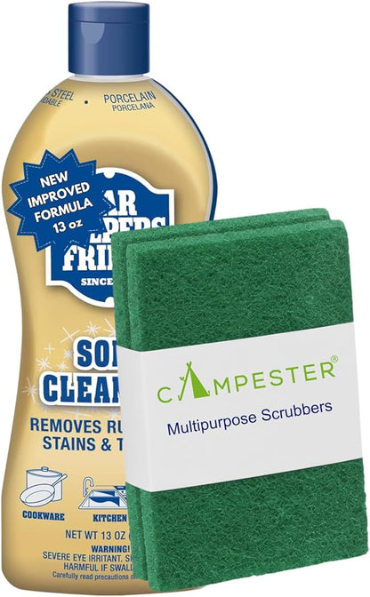 Campester Soft Surface Cleanser 13 oz with 2 Multipurpose Scrubbers – Bleach-Free Multi-Surface Rust, Stain & Mineral Deposit Remover for Kitchen, Bathroom & Cookware