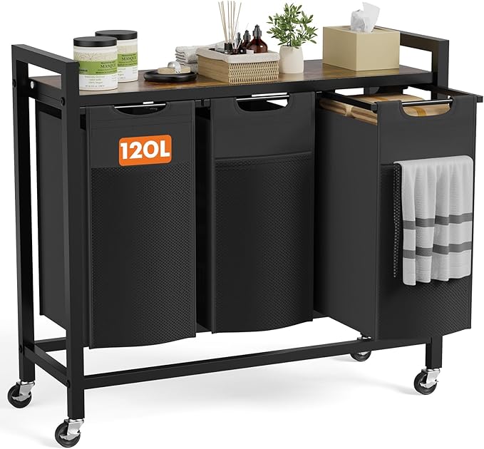 Laundry Sorter 3 Section, 3 × 10.6 Gal (120L) Rolling Laundry Basket with Pull-Out Removable Bags & Movable Wheels,Clothes Separator Hamper Cart for Laundry Room, Bathroom and Bedroom Organizer