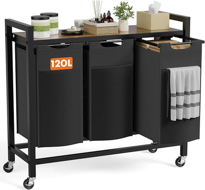 DUMOS Laundry Hamper with 3 Pull-Out Removable Sorter Bags, Movable Wheels, Freestanding Clothes Basket Organizer in Bathroom, 3 × 10.6 Gal (120L) Capacity, Rustic Brown and Black