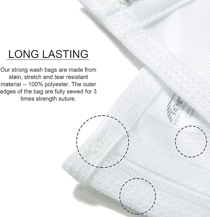 TENRAI Delicates Laundry Bags, Bra Fine Mesh Wash Bag for Underwear, Lingerie, Bra, Pantyhose, Socks, Use YKK Zipper, Have Hanger Loops, Small Openings (White, 3 Small)