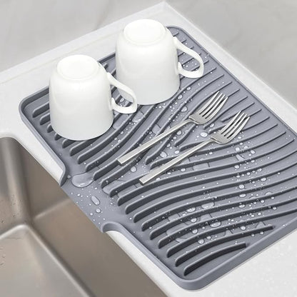 TIKNIK Silicone Dish Drying Mat, Stone Drying Mat for Kitchen Counter with Built-In Drain, Non-Slip Drain Pad with Built-in Drain, Heat Resistant Stone Drying Mat, Hangable, Grey-1pcs, 16" x 12"