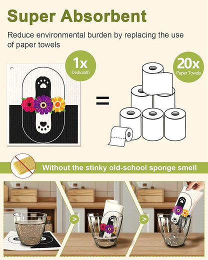 Swedish Dishcloths for Kitchen - 5 Pack Reusable Dish Cloths for Washing Dishes Absorbent Cute Funny Kitchen Towels Cleaning Sponge, New Cat