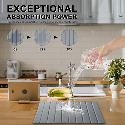 Large Stone Dish Drying Mat for Kitchen Counter 24x16 Inch - Super Absorbent Quick Dry Diatomaceous Earth with PU Leather, Foldable Space Saving Stone Bath Mats for bathroom