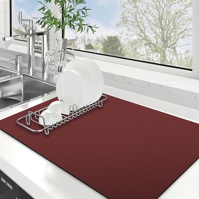 WISELIFE Dish Drying Mat Super Absorbent Drying Mat Large Dish Drying Mats for Kitchen Counter Easy Clean Dish Mat Kitchen Drying Mat16"x 24" Classic Red