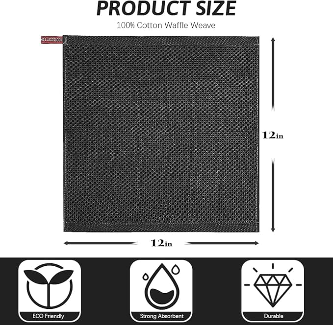 Nialnant 100% Cotton Waffle Weave Kitchen Towels,4 Pack Dish Cloths for Washing Dishes,Dish Towels,Super Soft Absorbent Cleaning Rags-Black, 12 x 12 in