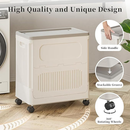 HAIXIN HOME Slim Rolling Laundry Hamper with Lid, 60L Foldable Plastic Laundry Basket on Wheels with Handle, Dirty Clothes Hamper Cart for Narrow Spaces, Bedroom, Bathroom, Closet, Dorm, Under Table