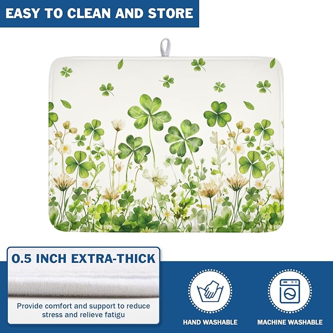 St Patrick's Day Dish Drying Mat 18 x 24 Inch Green Clover Dish Drainer Rack Mat Absorbent Microfiber Mats for Shamrock Dish Pad Spring Lucky Dish Pad for Kitchen Bar Decor