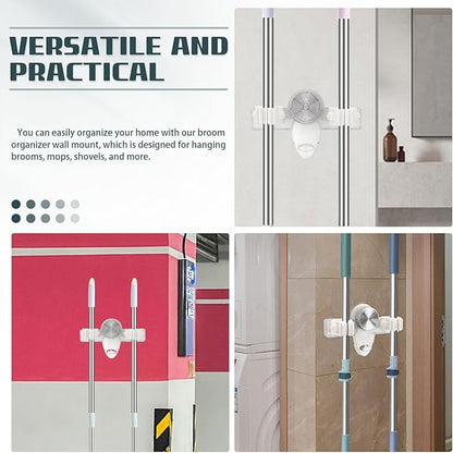 Self Adhesive Broom Holder Wall Mount, No Punching Heavy Duty Broom and Mop Organizer, Non-slip Mop Hanger with 2 Slots & 1 Hook for Bathroom Kitchen Laundry Room (Clear)