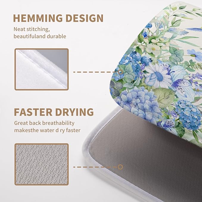Blue Hydrangea Dish Drying Mat for Kitchen Counter 16 x 18 Inch Spring Floral Hummingbird Butterfly Absorbent Microfiber Dish Mat Reversible Washable Heat Resistant Dry Pad for Coffee Bar