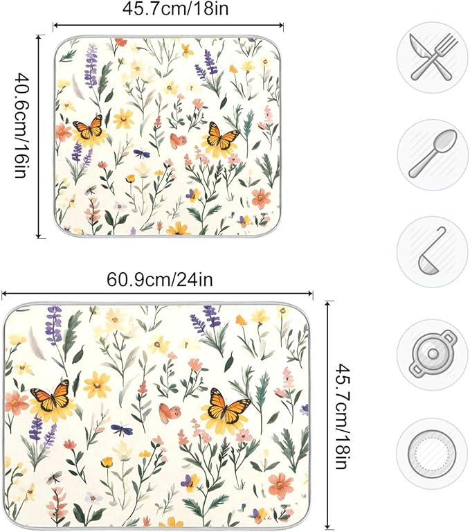 Watercolor Flowers Absorbent Dishes Drainer/Rack Mat for Countertop Small Size 16 x 18, Microfiber Dish Drying Pads Kitchen Counter Draining Pad