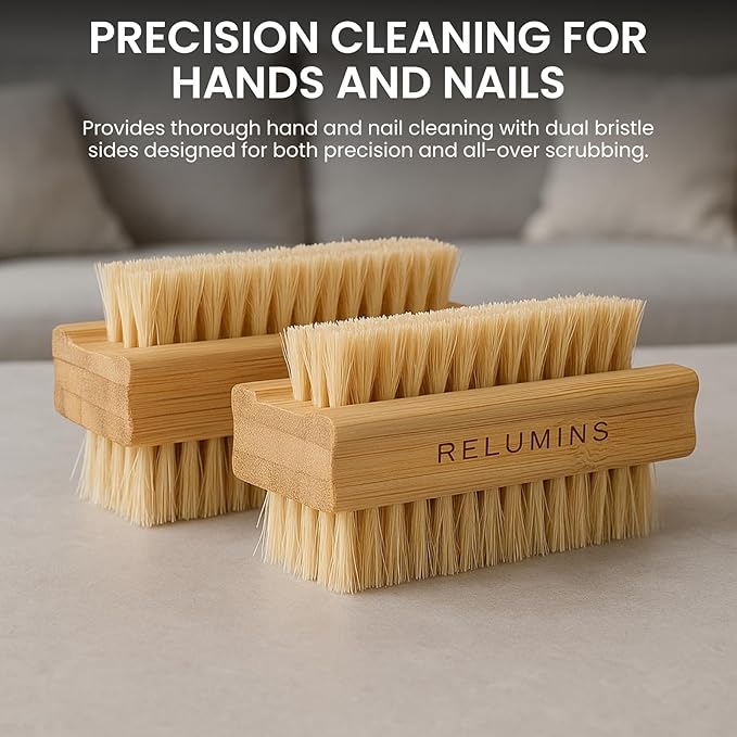 Relumins Dual Sided Nail Brush Bamboo Handle Bristle Exfoliating Tool for Hand Foot Care Grooming Travel Hygiene Use - 2 PC Set