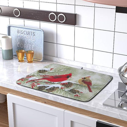 Winter Dish Drying Mat for Kitchen Counter 16x18 Inch Christmas Red Birds Drying Mats Xmas Holiday Microfiber Absorbent Dishes Drainer Mats Cardinal Dish Rack Pad