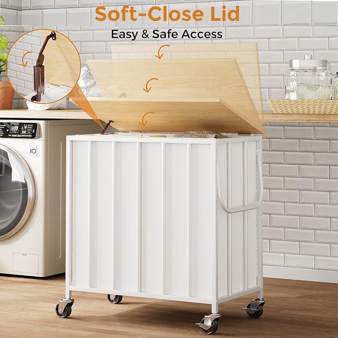 120L Laundry Hamper with Wheels and Lid, Rolling Laundry Basket with Dual Removable Liners, Soft-Close Flip-Top Wooden Lid, Metal Handles, Clothes Organizer for Bedroom and Laundry Room