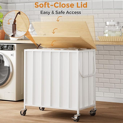 120L Laundry Hamper with Wheels and Lid, Rolling Laundry Basket with Dual Removable Liners, Soft-Close Flip-Top Wooden Lid, Metal Handles, Clothes Organizer for Bedroom and Laundry Room