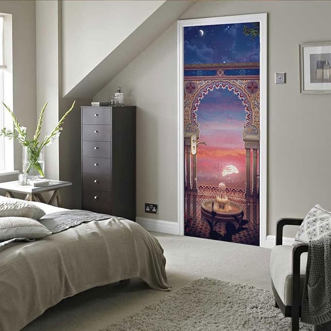 A.Monamour 3D Door Stickers for Interior Doors Balcony View at Sunset with Arabian Interior Design Vinyl Waterproof Self Adhesive Door Mural Decals for Bedroom Office Bathroom 77x200cm