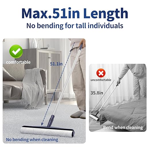 13.8in Large Size Floor Lint Rollers for Pet Hair Extra Sticky 51.2in Long Handle Giant Big Hair Picker Upper from Sticky Mop for Cleaning Dog Cat Hair Animal Fur Removal Roller Couch Bed Sheet Carpet