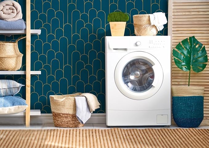Yasinet Peel and Stick Wallpaper Blue and Gold Wallpaper Blue Geometric Contact Paper Removable Self-Adhesive Stripe Waterproof Wall Paper Decorative for Wall Bedroom Vinyl Film 17.3”x118”