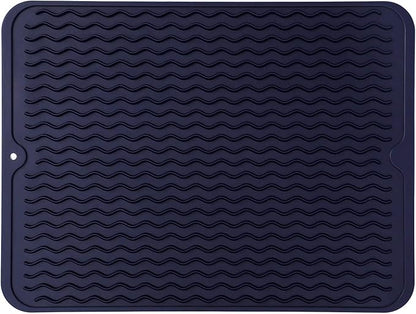 MicoYang Silicone Dish Drying Mat for Multiple Usage,Easy clean,Eco-friendly,Heat-resistant Silicone Mat for Kitchen Counter or Sink,Refrigerator or drawer liner Navy Blue L 16 inches x 12 inches