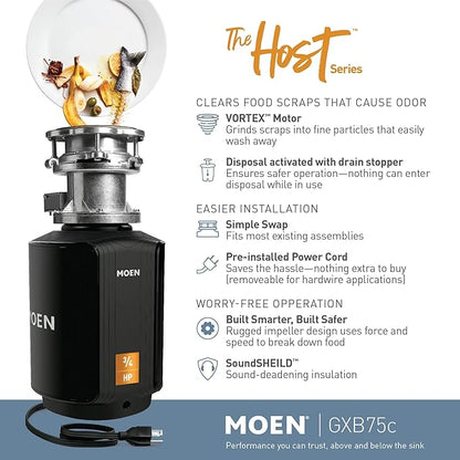 Moen Host Series Garbage Disposal for Kitchen Sink with Power Cord, Control Activation, Sound Reduction, GXB75C