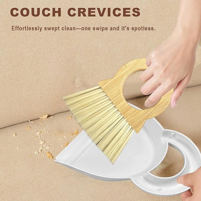Mini Broom and Dustpan Set - Compact Bamboo Handle Cleaning Kit with Mini Dustpan Brush for Countertops, Tables, Desks - Small Dust Pan and Broom Combo for Tiny Spaces (White)