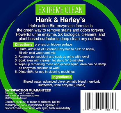 EXTREME ENZYME, PET STAIN & ODOR ELIMINATOR - Concentrate, makes 2 gallons. Triple action bio-enzymatic cleaners and plant based surfactants break down pet mess forever. FRAGRANCE FREE, makes 256 oz