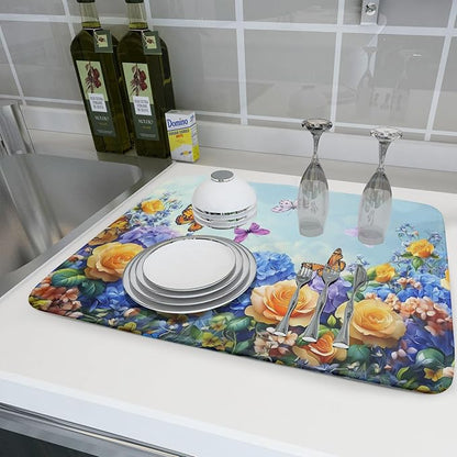 Spring Blue Yellow Hydrangeas Flowers Dish Drying Mat for Kitchen Counter,Colorful Butterflies Flying Drying Mat 18 x 24 Inch with High Absorbent Microfiber Drainer Mat for Coffee Bar