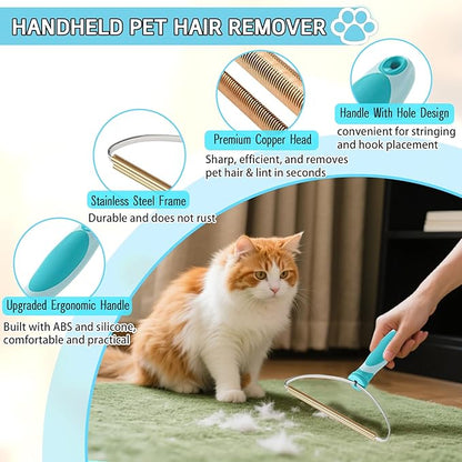 Carpet Rake for Pet Hair Removal Tool, Reusable Pet Hair Remover Broom with 54” Adjustable Long Handle, Cat Dog Hair Remover Carpet Scraper Broom with Copper Rake Teeth & TPU Brush for Rugs Mats Couch