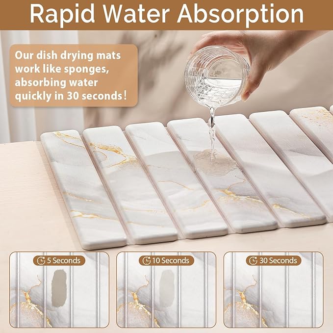 Large Stone Dish Drying Mat for Kitchen Counter,Quick Dry Stone Dishes Mats,Marbled Water Absorbing Diatomaceous Earth Drying Pad for Countertop Bottles Utensils Cups(Yellow White 24"x16"&8"x4")