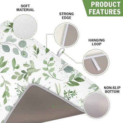 Spring Summer Sage Green Leaves Dish Drying Mat 18 x 24 Inch Spring Eucalyptus Leaf Dish Drainer Rack Mat Absorbent Microfiber for Holiday Kitchen Coffee Dining Bar Decor