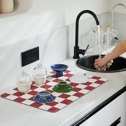 Ohocut Checkered Dish Drying Mat for Kitchen Counter, Coffee Bar Station Accessories, Retro Cute Aesthetic Modern Absorbent Drainer Mat Kitchen Drying Mat Easy Clean (Red, 24" x 16")