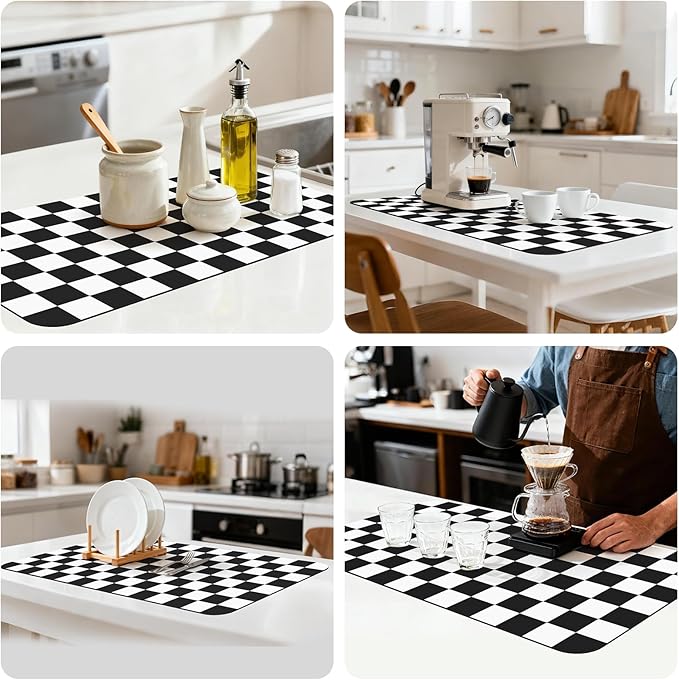 17" x 32" Checkered Dish Drying Mat for Kitchen Counter, Absorbent Coffee Bar Mat for Espresso Machine Coffee Countertops Accessories (Black)