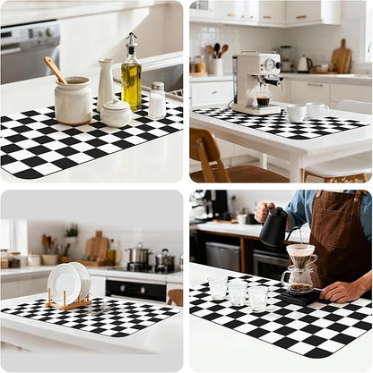 17" x 32" Checkered Dish Drying Mat for Kitchen Counter, Absorbent Coffee Bar Mat for Espresso Machine Coffee Countertops Accessories (Black)