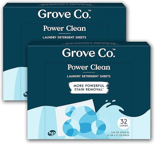 Grove Co. Laundry Detergent Sheets, Power Clean Dissolving Washer Sheets (2 Pack - 64 Loads) Tough Stain Remover, Unscented Free & Clear Formula