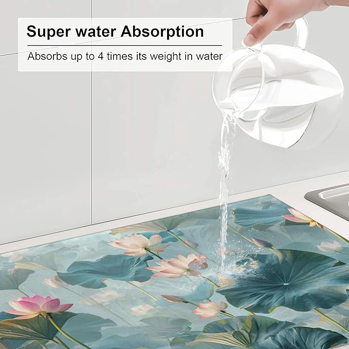 Pond Lotus Dish Drying Mats for Kitchen Counter, Absorbent Reversible Microfiber Dish Drying Pad, Multi-Use Large Drying Mat Coffee Bar Accessories 18"x24"