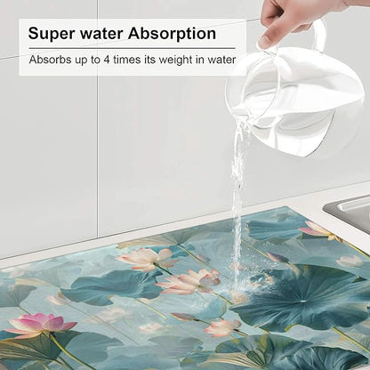 Pond Lotus Dish Drying Mats for Kitchen Counter, Absorbent Reversible Microfiber Dish Drying Pad, Multi-Use Large Drying Mat Coffee Bar Accessories 18"x24"