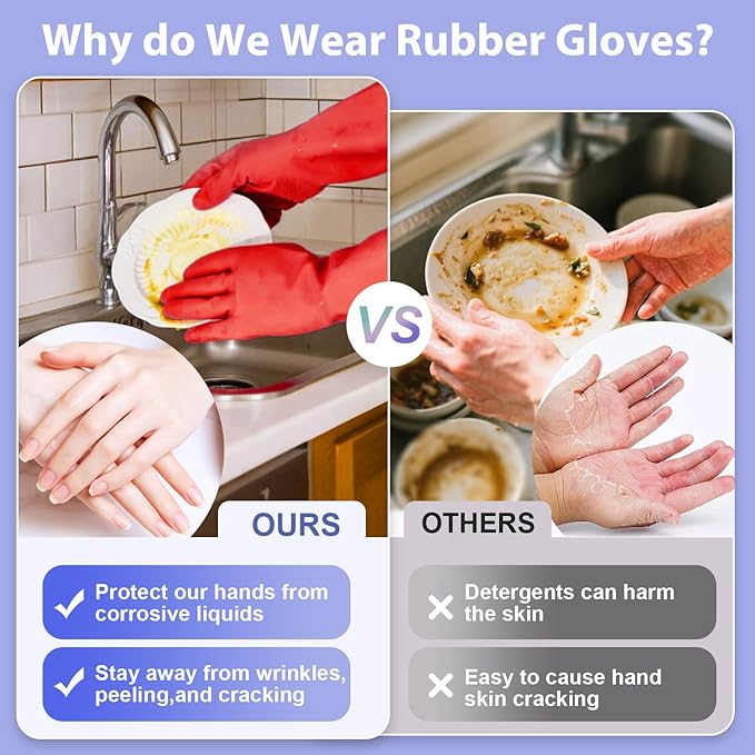 Rubber gloves for dishwashing 4 Pairs, Kitchen gloves for dish cleaning gloves, Reusable (Large, Colorful)