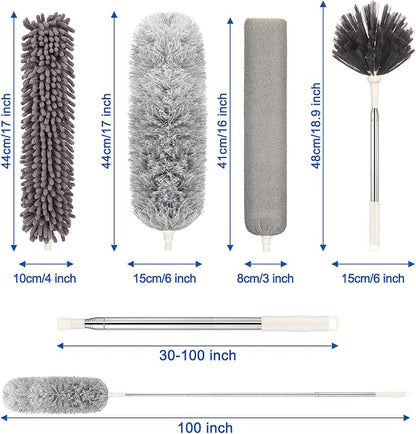 Microfiber Duster with Extension Pole(Stainless Steel) 30 to 100 Inches, Washable Dusters, Reusable Dusters, Bendable Duster for High Ceiling, Cleaning Ceiling Fan, Furniture, Blinds, Cars