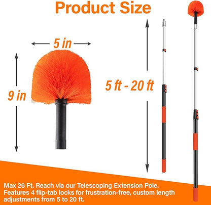 26FT Cobweb Duster with Extension Pole - High Reach Duster for High Ceilings & Outdoor Use - Telescoping Pole 5-20 Ft, Soft Bristles Cobweb Cleaner - 3/4" Acme Universal Thread
