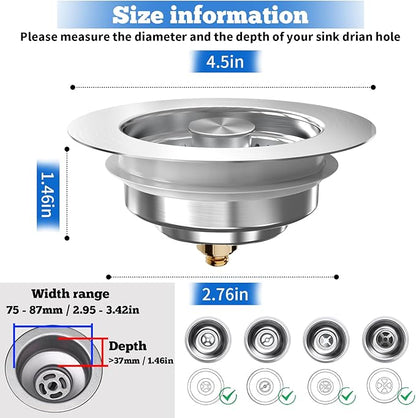 Upgraded 3 in 1 Kitchen Sink Drain Strainer Stopper, Brushed Stainless Steel SUS 304 Pop Up Sink Drain Stopper for Standard 3-1/2 Inch Drain Anti-Clogging Odor Prevention