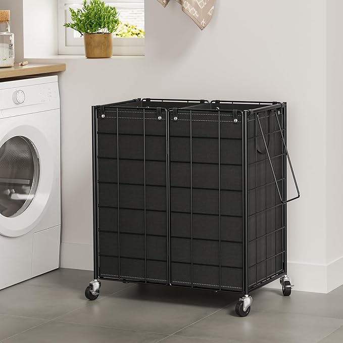 WOWLIVE Double Laundry Hamper with Wheels,Metal Wire Frame Rolling Laundry Basket with 2 Removable bags,120L Dirty Clothes Hamper Organizer Dorm Room Storage for Bedroom,Bathroom,Black