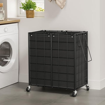 WOWLIVE Double Laundry Hamper with Wheels,Metal Wire Frame Rolling Laundry Basket with 2 Removable bags,120L Dirty Clothes Hamper Organizer Dorm Room Storage for Bedroom,Bathroom,Black