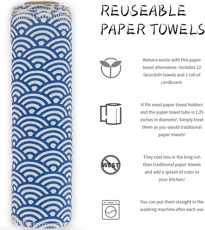 Reusable Paper Towels Washable，Pack of 12 Paperless Napkins Flannel Cotton Cloth 10"X12"with Cardboard Roll，Made to Last - Cut Back and Waste Less Eco Friendly（Wave）