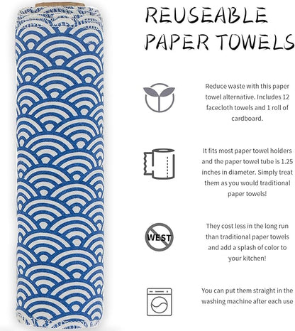 Reusable Paper Towels Washable，Pack of 12 Paperless Napkins Flannel Cotton Cloth 10"X12"with Cardboard Roll，Made to Last - Cut Back and Waste Less Eco Friendly（Wave）