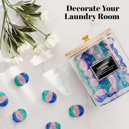 3+1 Pack Glass Laundry Pods Container & Acrylic Dryer Sheet Holder, Clear Laundry Room Organization Containers with Bamboo Lids & Labels, Powder Laundry Detergent Container for Scent Booster, Powder
