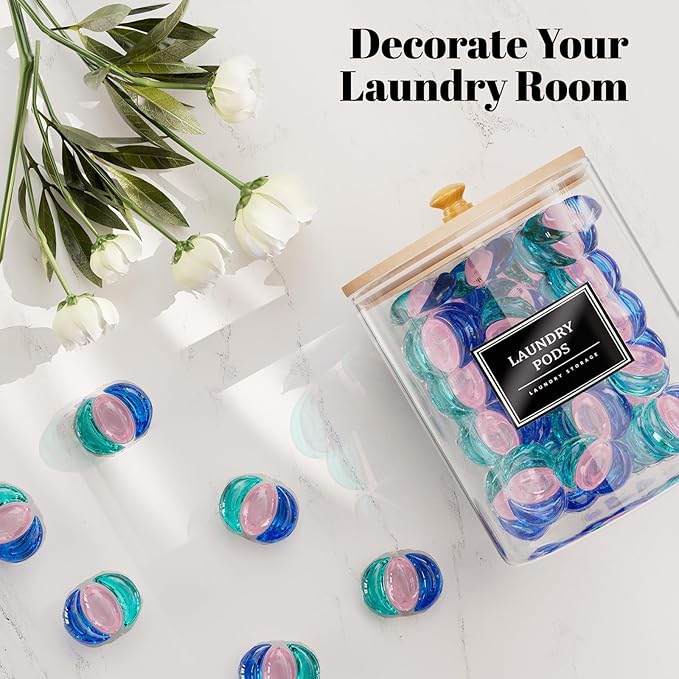 HomePekite 2 Pack Glass Laundry Pods Container, Clear Laundry Room Organization Containers with Lids & Labels, Powder Laundry Detergent Container for Scent Booster, Powder