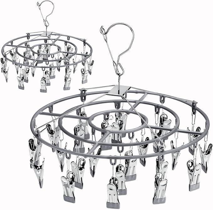 PHYDELU 2PCS Drying Rack Clothing with 24 Clips，Sock Hanger for Drying，Hanging Clothes Dryer Underwear Hangers Racks Laundry Socks Panty Wet Bra Lingerie Baby Delicates Foldable Small Indoor Metal