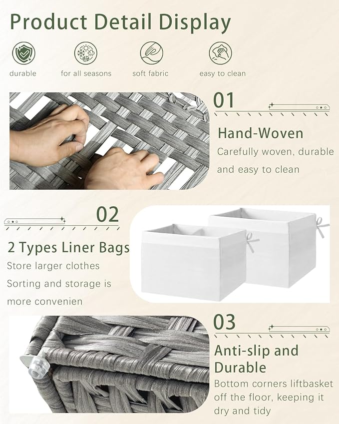 Storage Basket with Lid, PE Rattan Woven Storage Baskets with 2 Separate Lids, 17.2 Gallon (65 L), 22.2 x 13 x 13.8 Inches, 2 Removable Liner Bags Handles for Bedroom, Laundry Room Gray