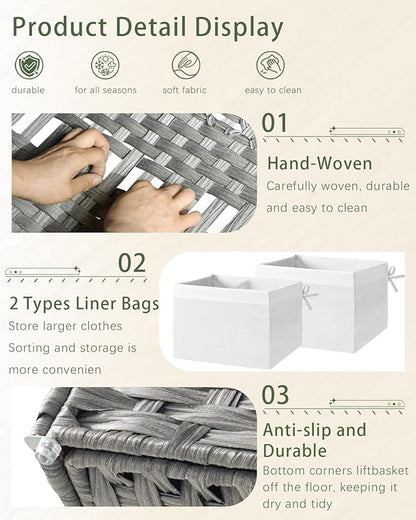 Storage Basket with Lid Rattan Storage Basket with 2 Separate Lid, 27.8 Gallon (105 L) 25.2 * 15.4 * 16.1 Inches Woven Wicker Baskets with 2 Liners and Handles for Bedroom Laundry-Gray