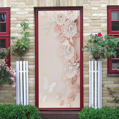 A.Monamour 3D Door Stickers for Interior Doors Pink White Flowers Floral Background Vinyl Waterproof Self Adhesive Door Mural Decals for Bedroom Office Bathroom 85x200cm