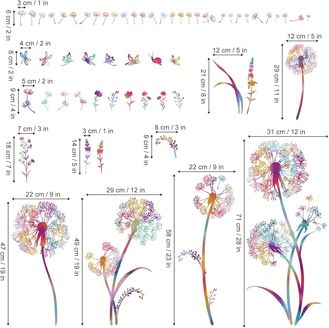 wondever Colorful Blowing Dandelion Wall Decals Flying Flowers Butterflies Floral Peel and Stick Wall Art Stickers for Living Room Girls Bedroom TV Wall